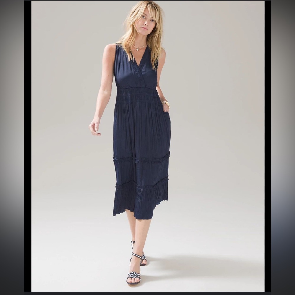 White House Black Market Satin Surplice Midi Ink Blue Dress